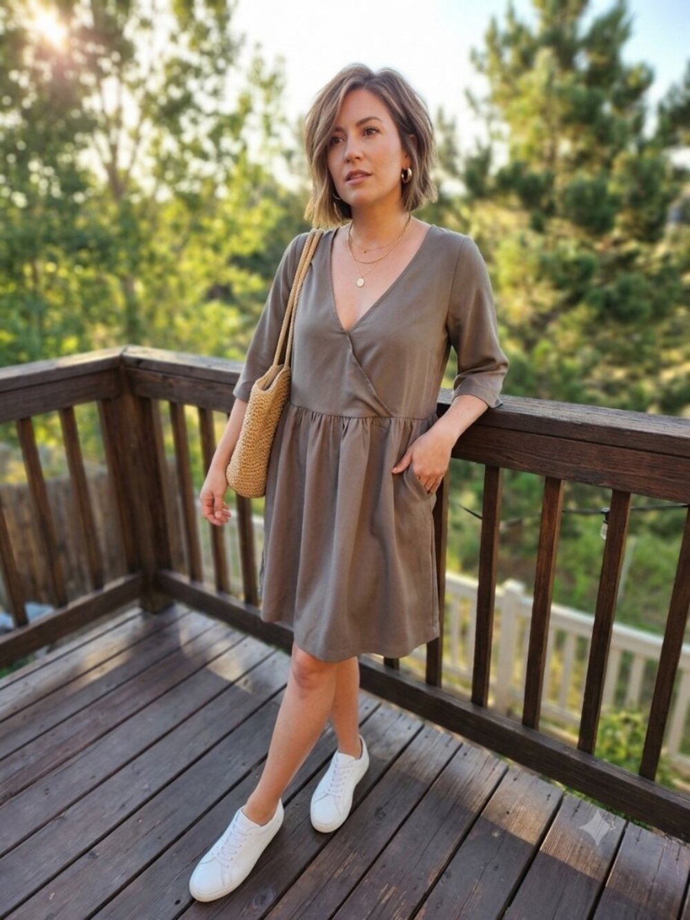NWT LA Relaxed Vivian Faux Wrap Babydoll Mini Eco Dress M Olive Taupe Lyocell